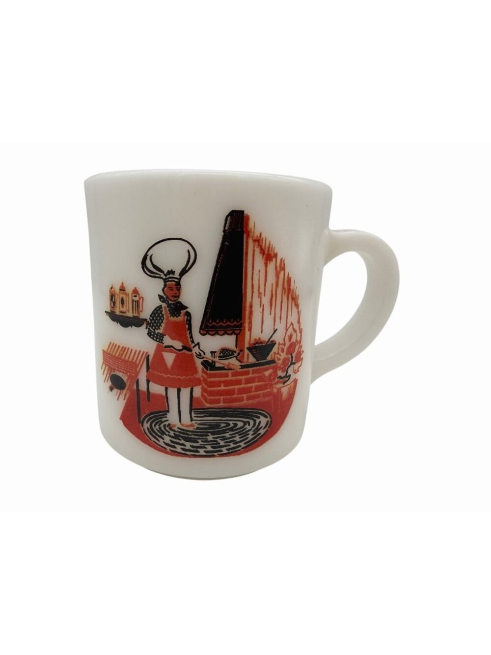 Vintage Hazel Atlas Chef Milk Glass Coffee Mug Red Black Kitchen MCM 1950s